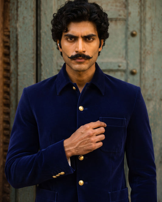 Velvet Modern Collor Jodhpuri - Navy Blue 1800