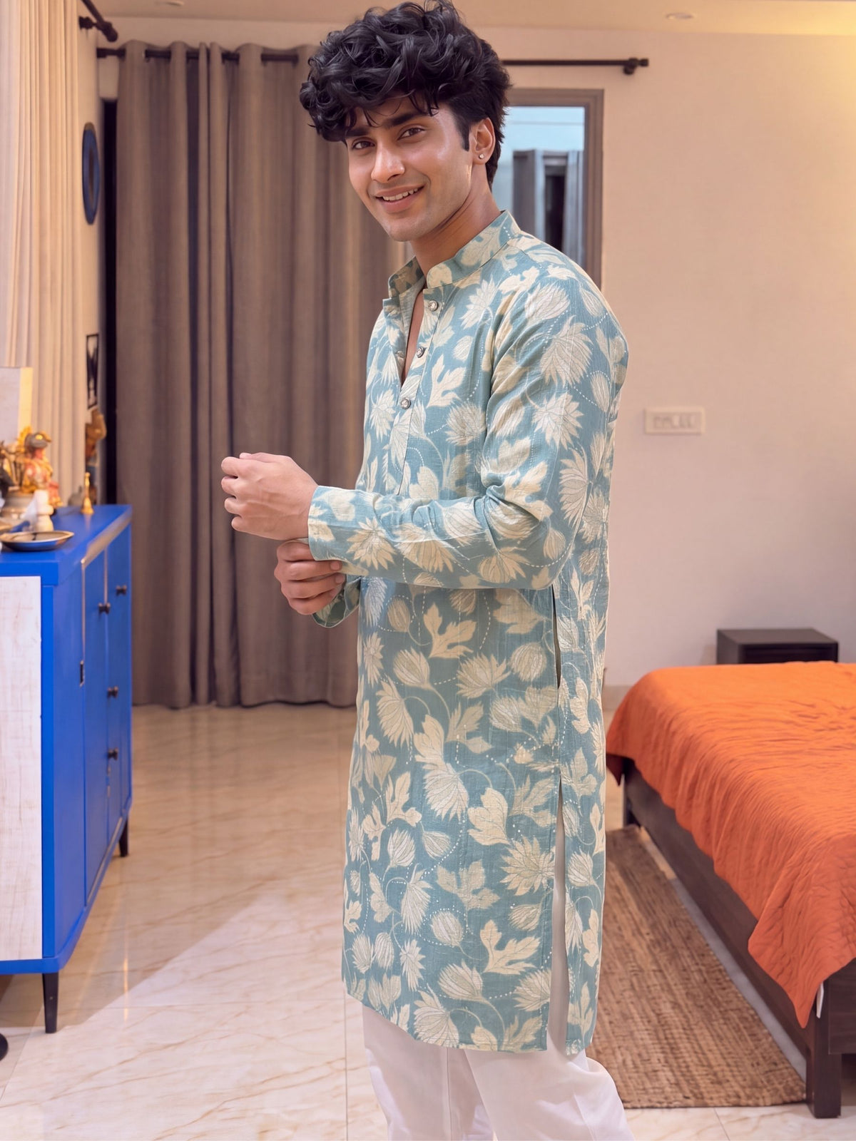 Mint Green Floral Jaal – Textured Printed Long Kurta