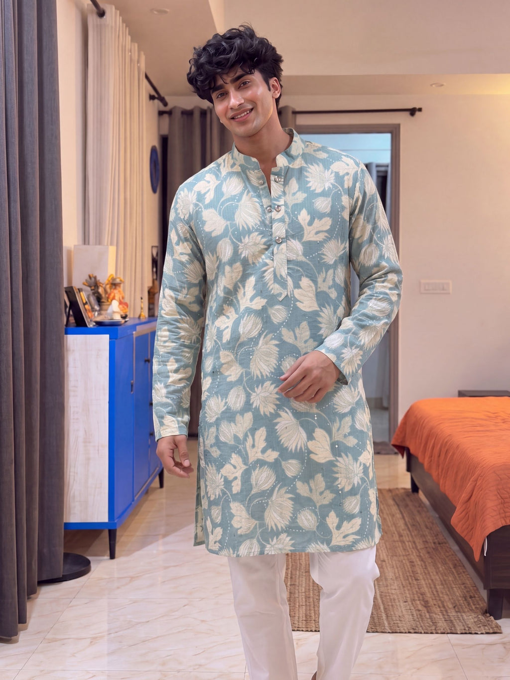 Mint Green Floral Jaal – Textured Printed Long Kurta