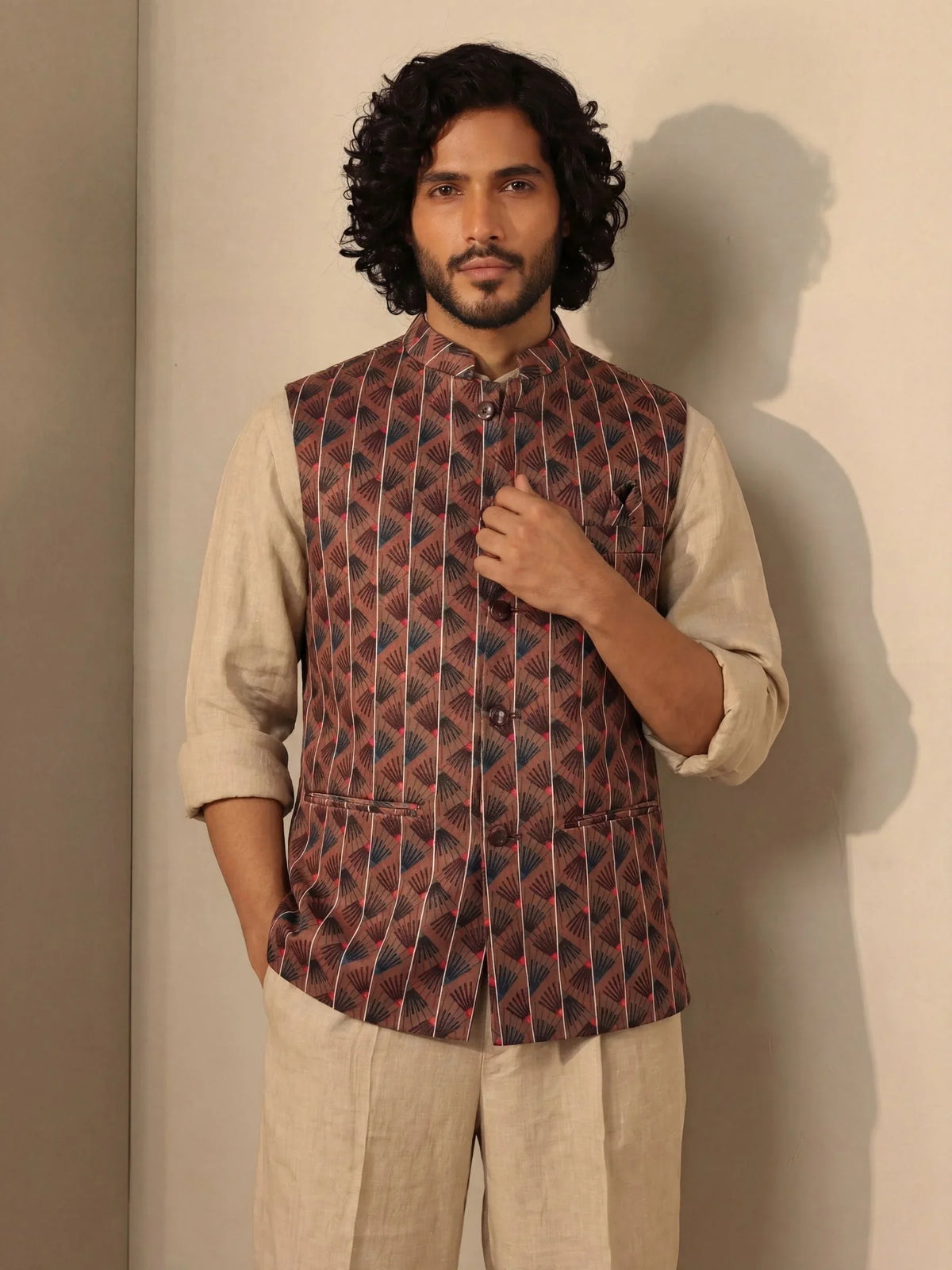 Men Brown Printed Nehru Jacket