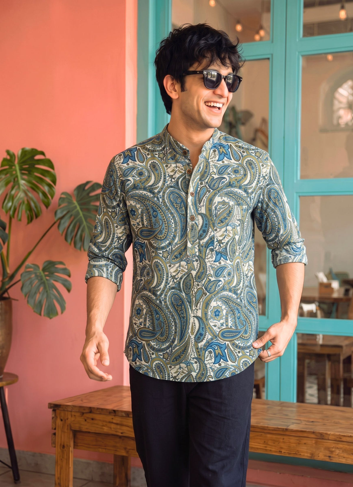 Royal Elegance – Men's Printed Cotton Short Kurta
