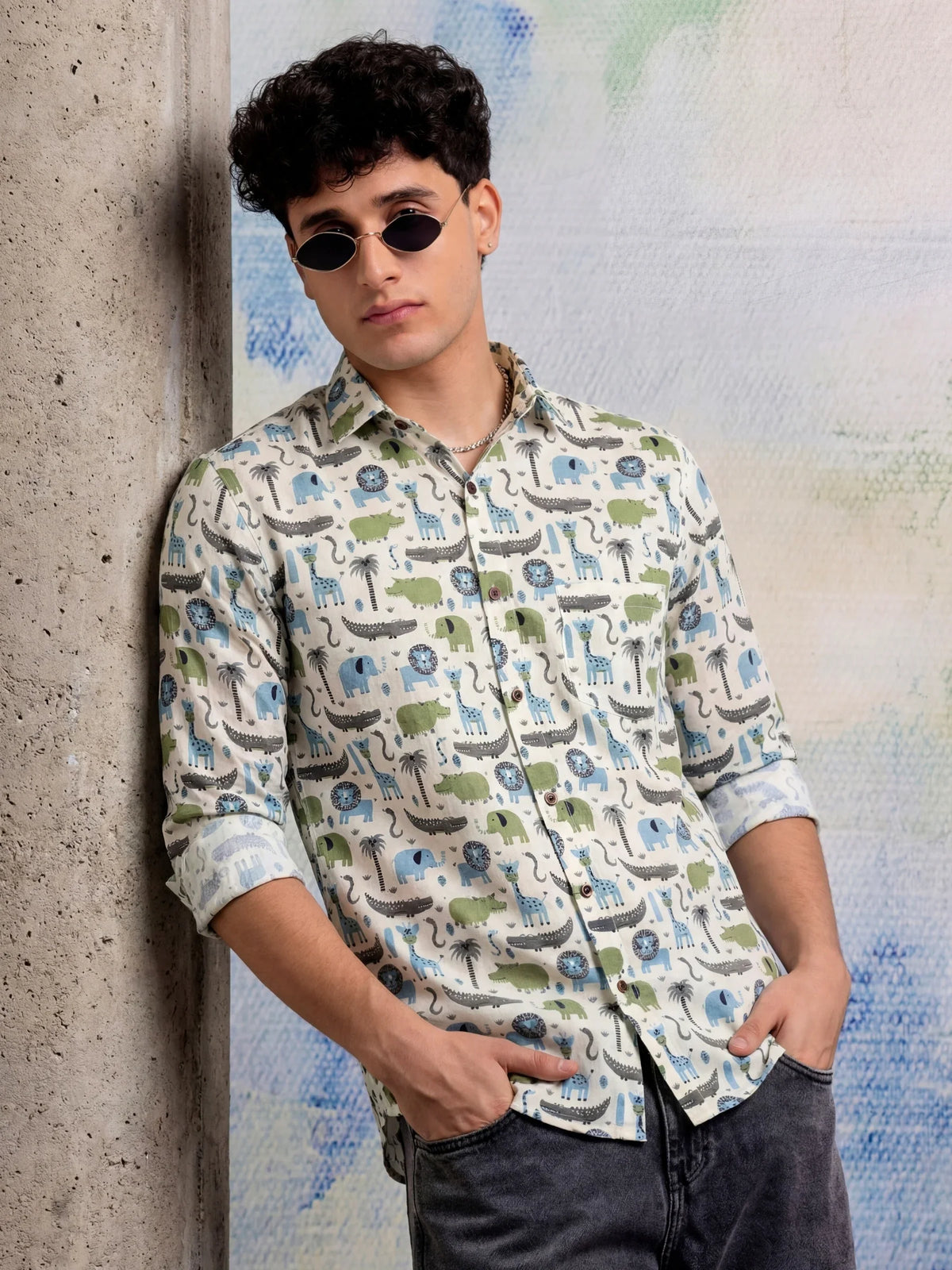 Forest Fiesta– Full Sleeve Cotton Shirt in Blue & Green