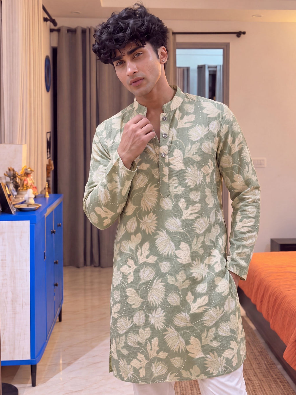 Green Floral Jaal – Textured Printed Long Kurta