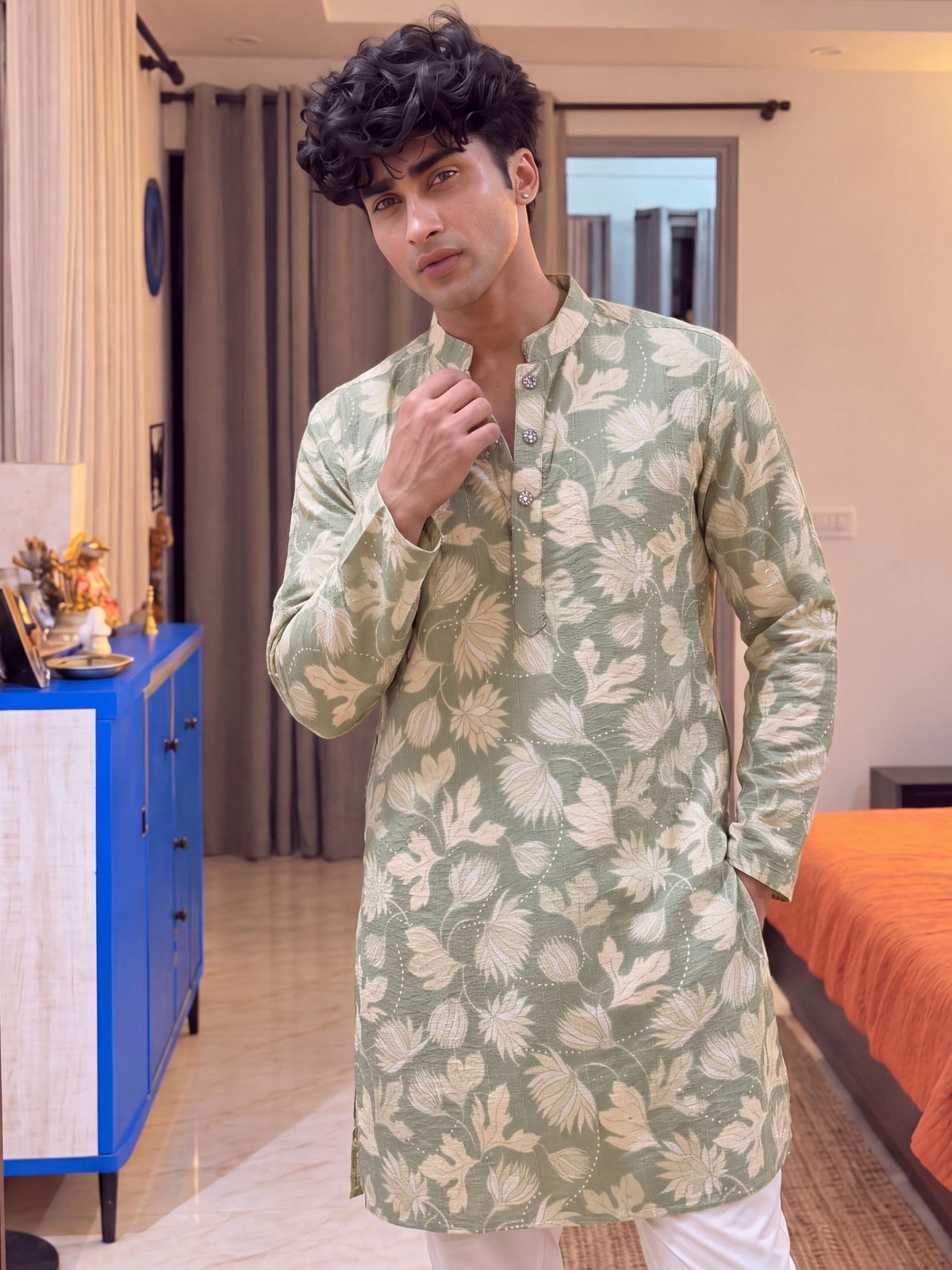 Green Floral Jaal – Textured Printed Long Kurta