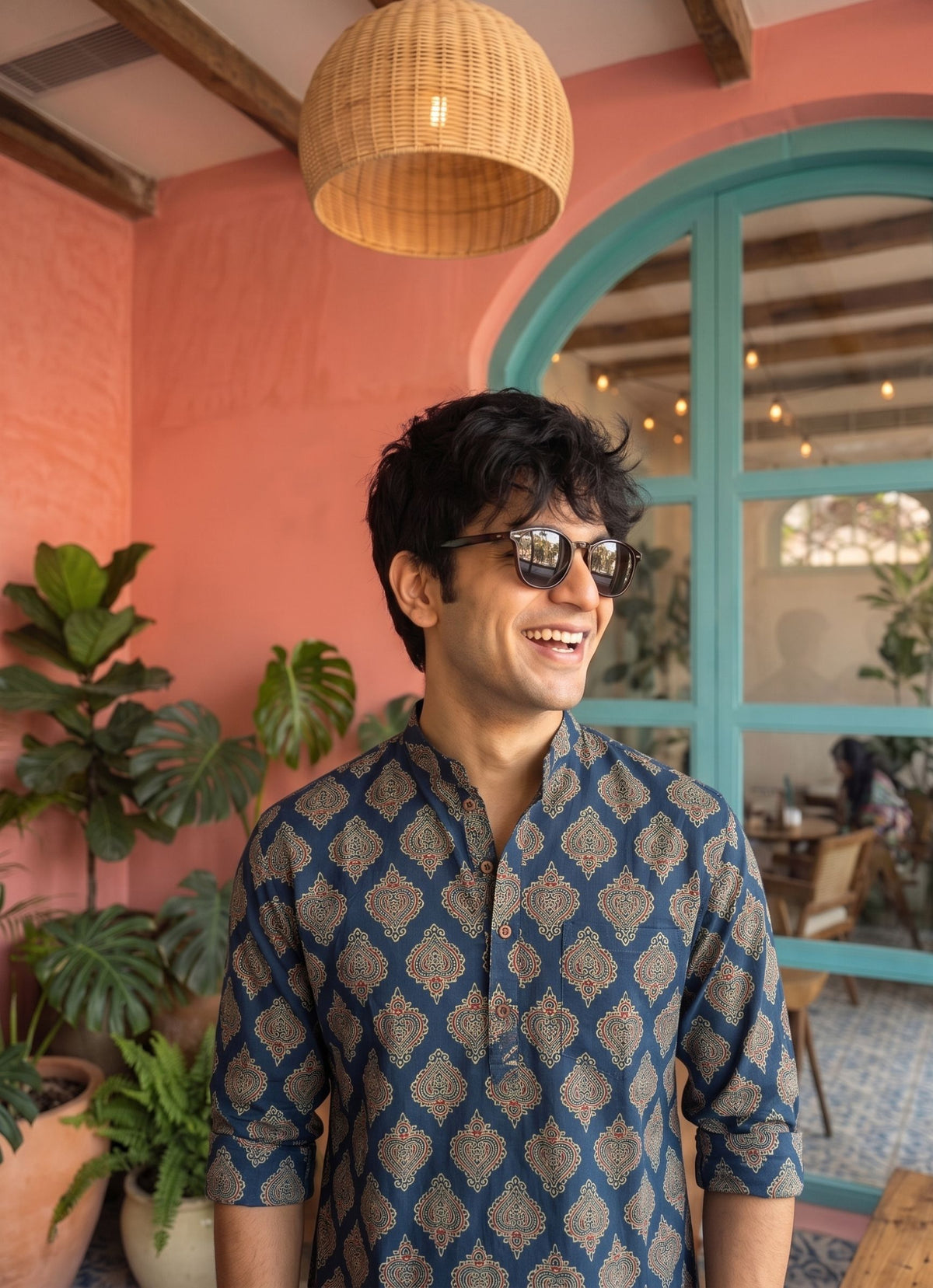 Navy Charm – Printed Cotton Short Kurta