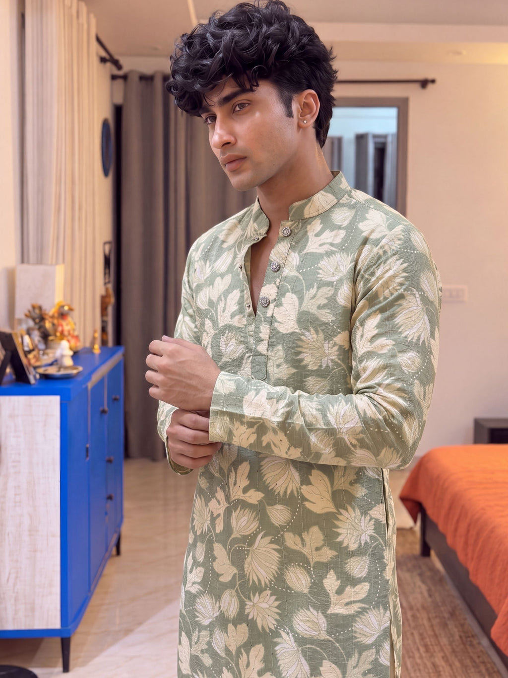 Green Floral Jaal – Textured Printed Long Kurta