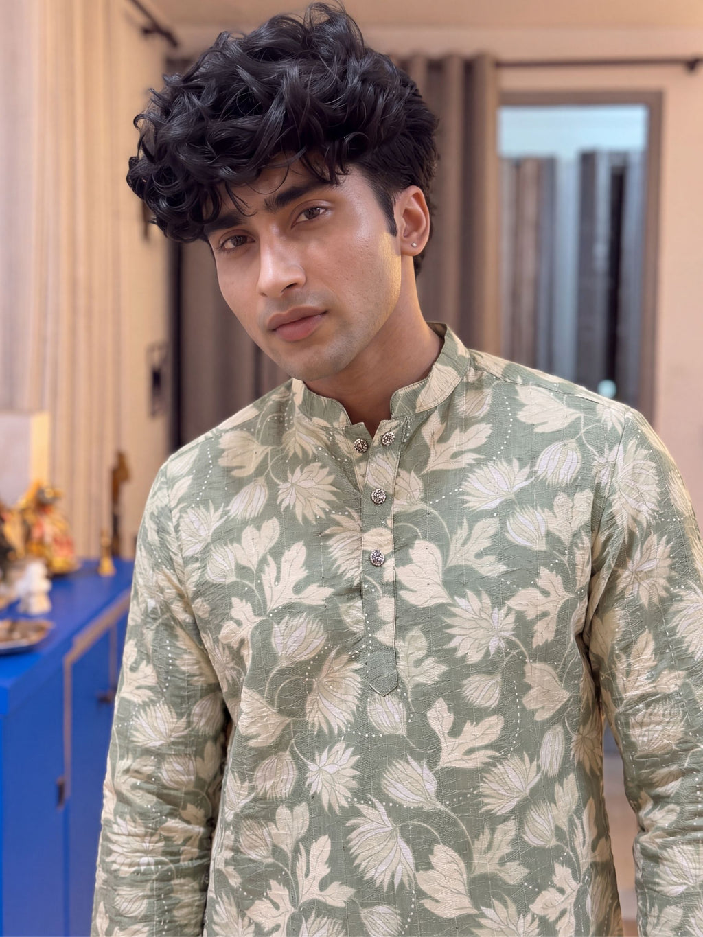 Green Floral Jaal – Textured Printed Long Kurta