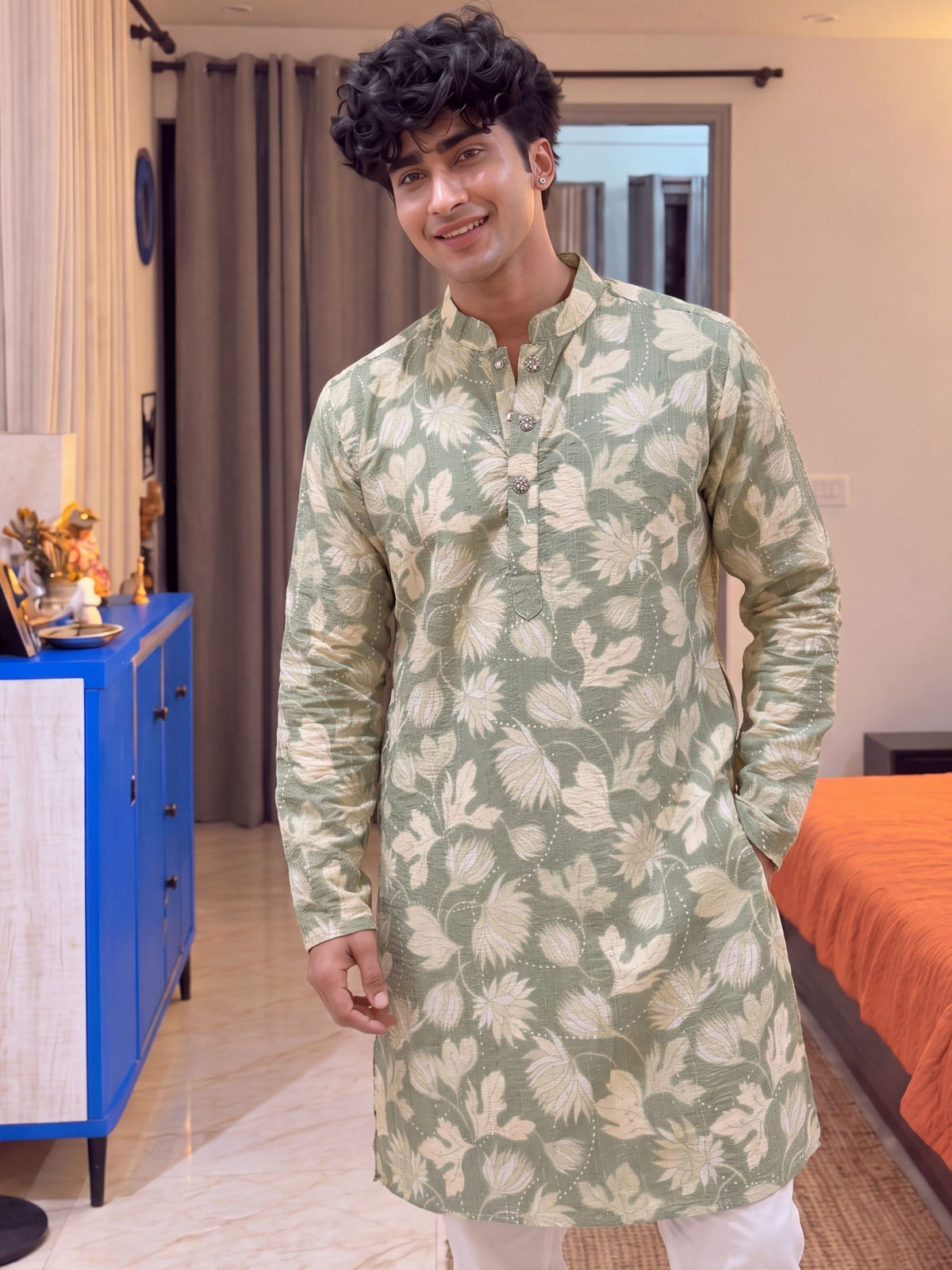 Green Floral Jaal – Textured Printed Long Kurta