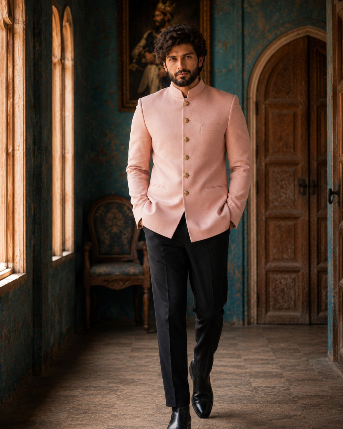 Velvet Jodhpuri Bandhgala- Peach