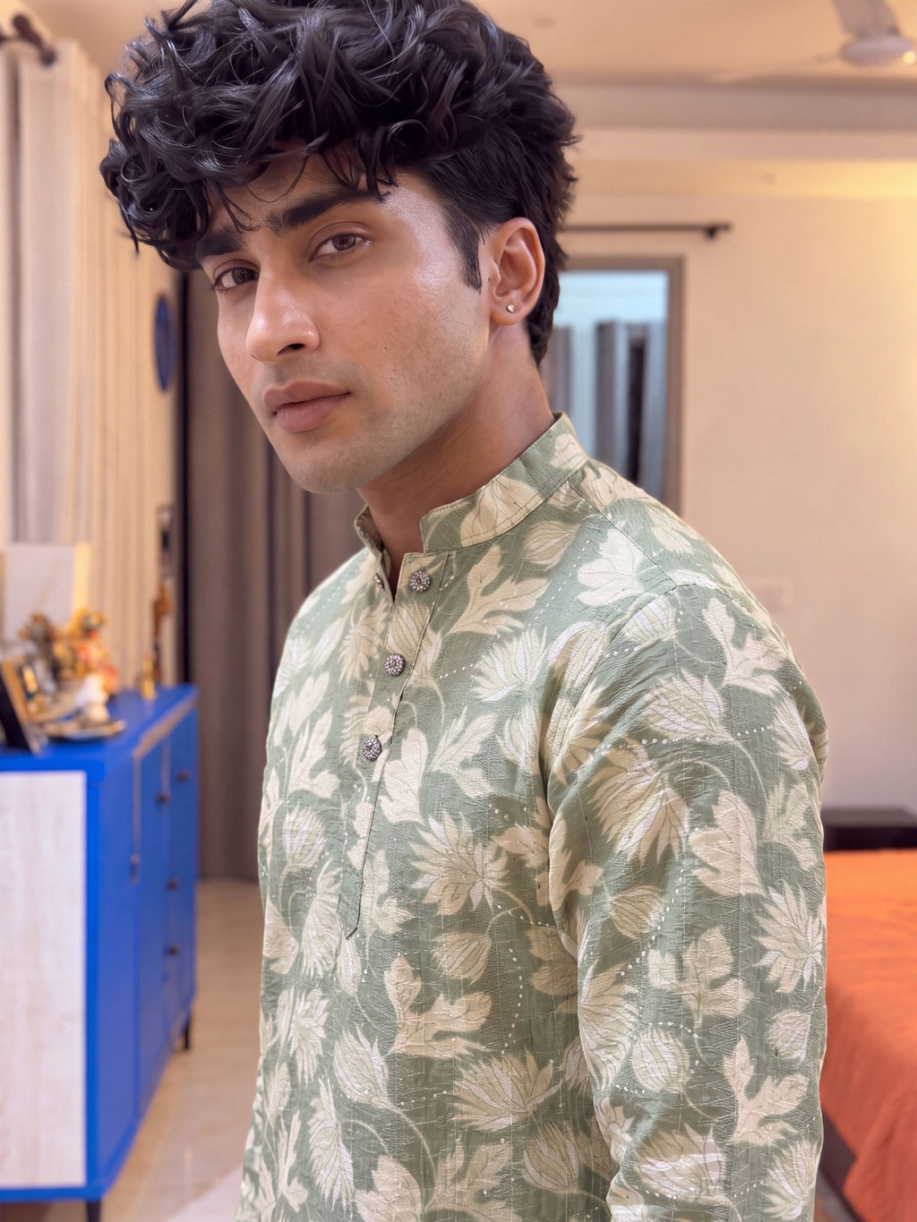 Green Floral Jaal – Textured Printed Long Kurta