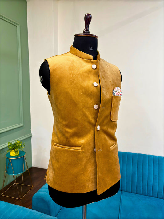 Men's Camel Yellow Velvet Nehru Jacket