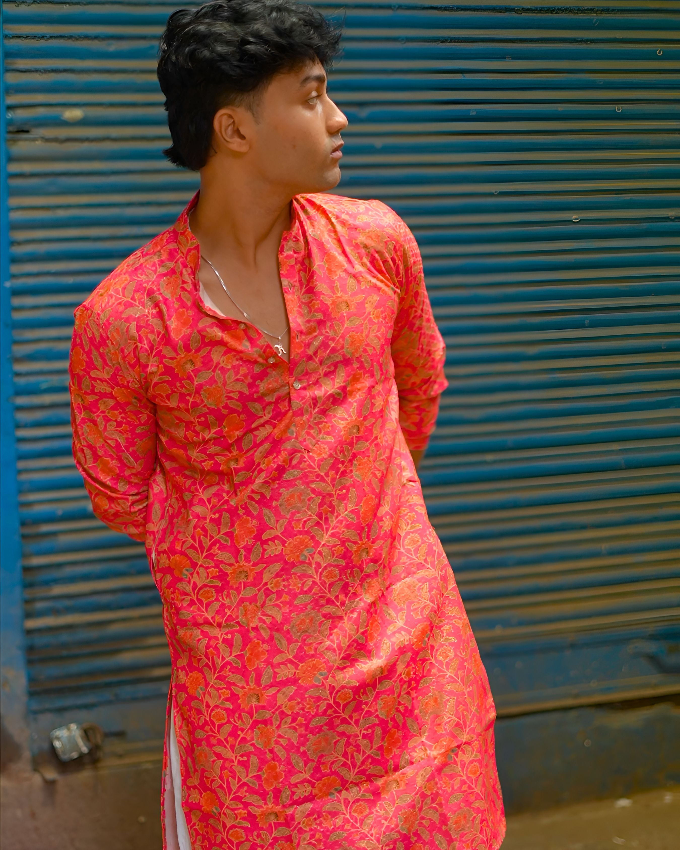 Floral Print Men's Long Kurta with Zari Work