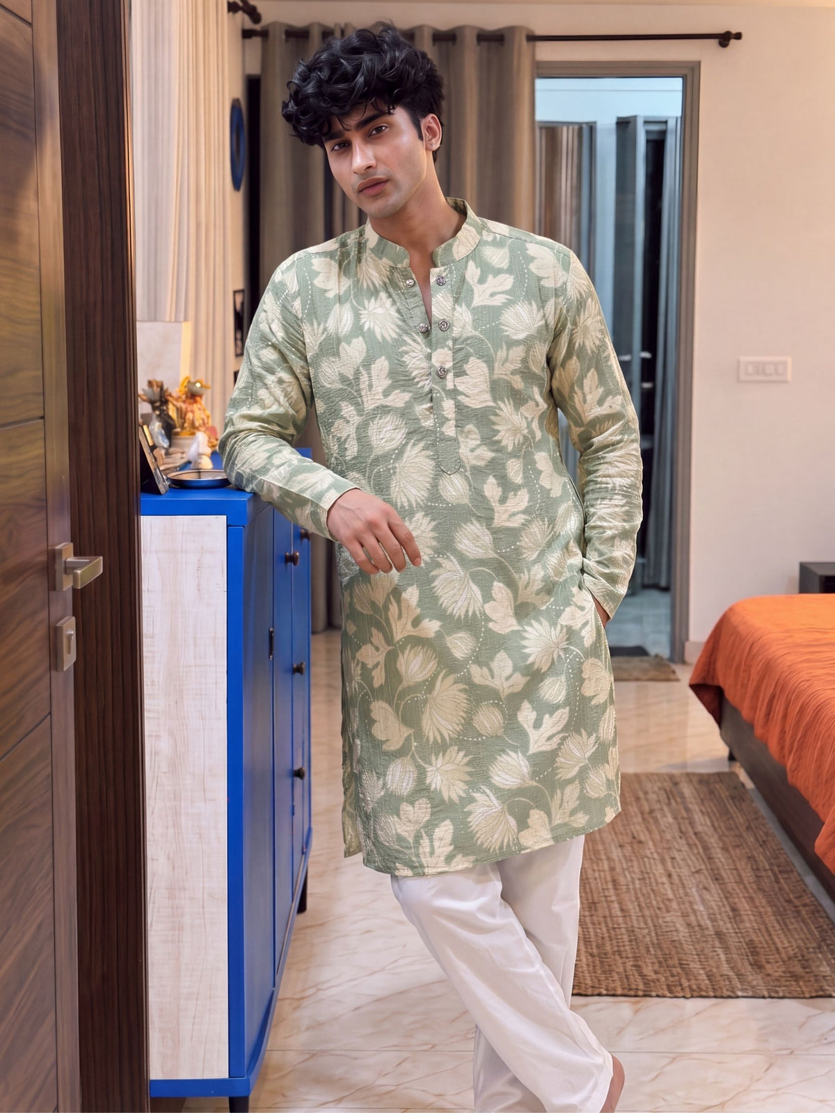 Green Floral Jaal – Textured Printed Long Kurta