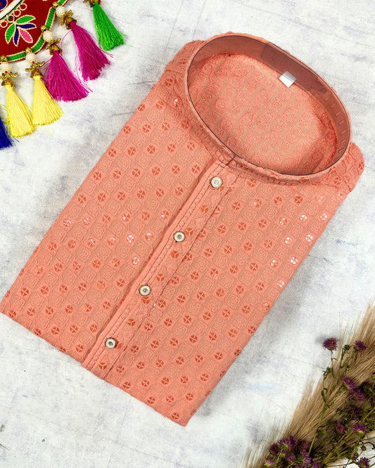 Peach Colour Chikankari Sequinned Kurta