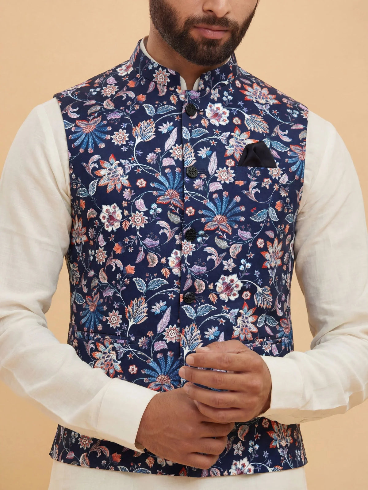 Men Navy Blue Printed Nehru Jacket