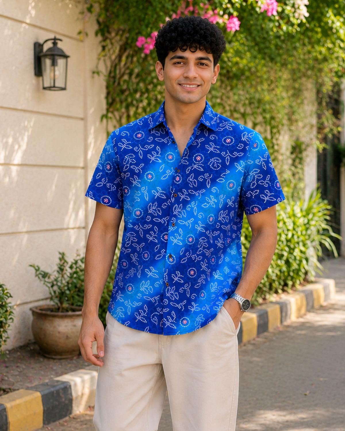 Blue Floral Bliss – Printed Cotton Half Sleeve