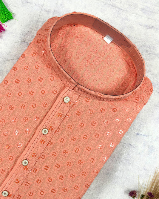 Peach Colour Chikankari Sequinned Kurta