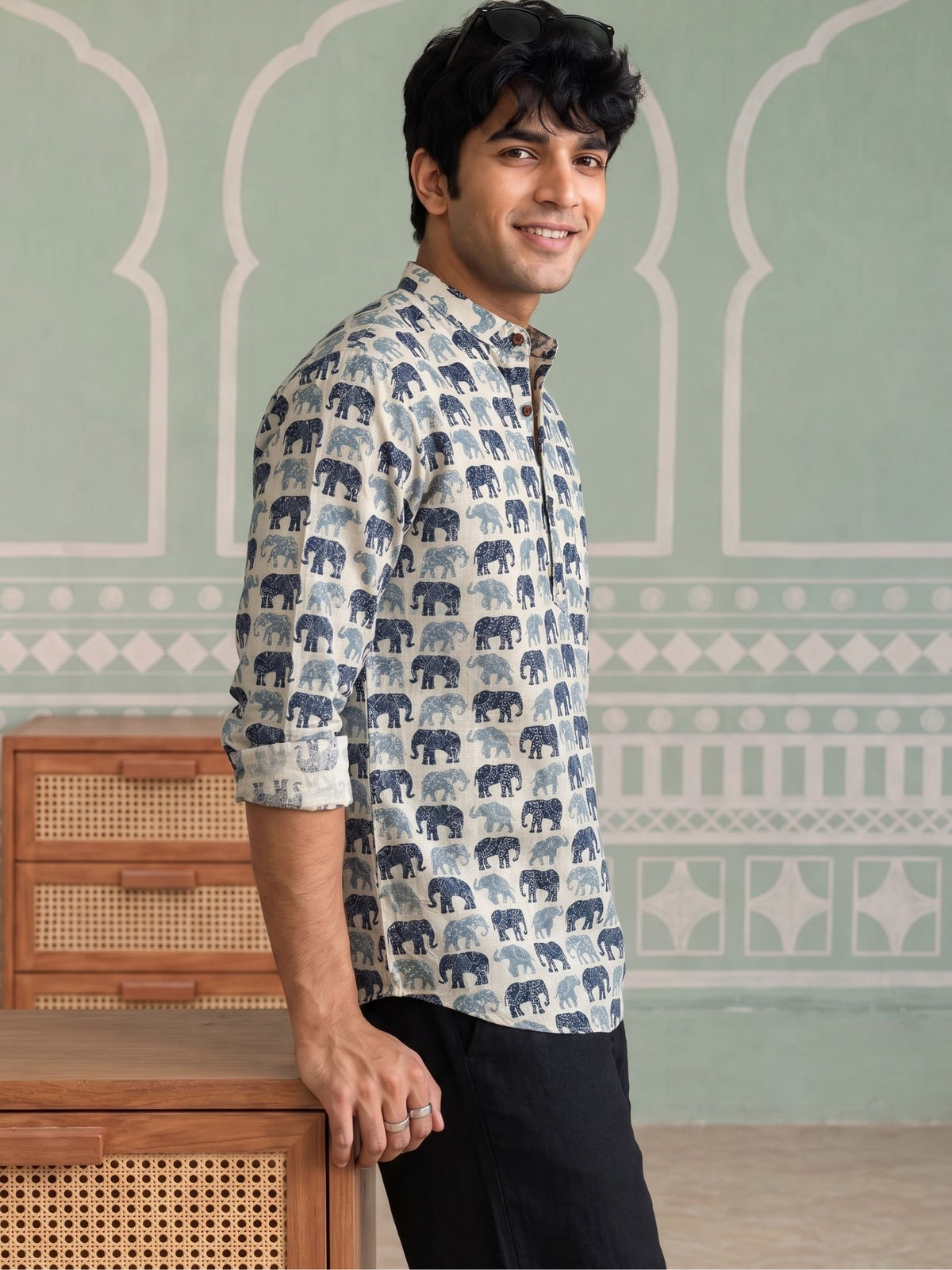Elephant Elegance – Printed Cotton Short Kurta