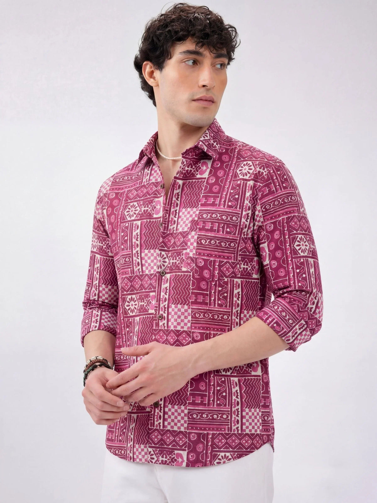 Geometric Harmony – Printed Cotton Full Sleeve in Maroon
