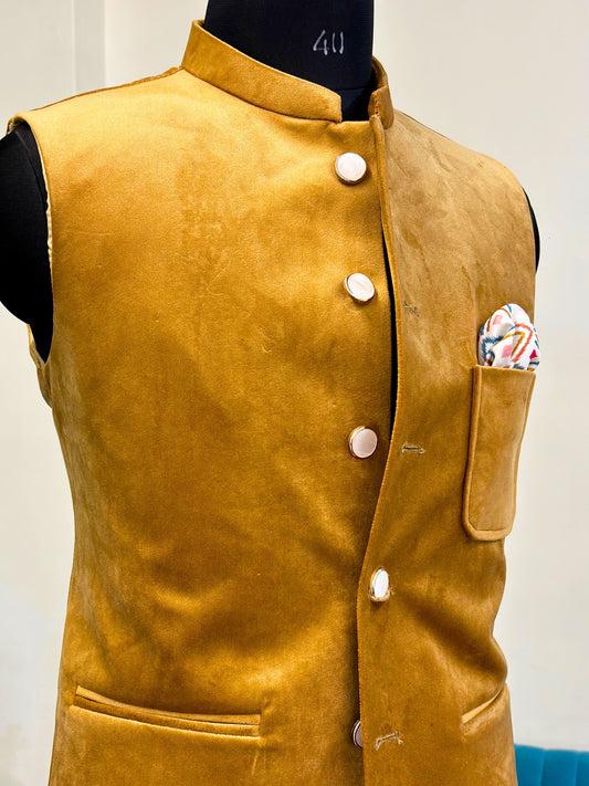 Men's Camel Yellow Velvet Nehru Jacket