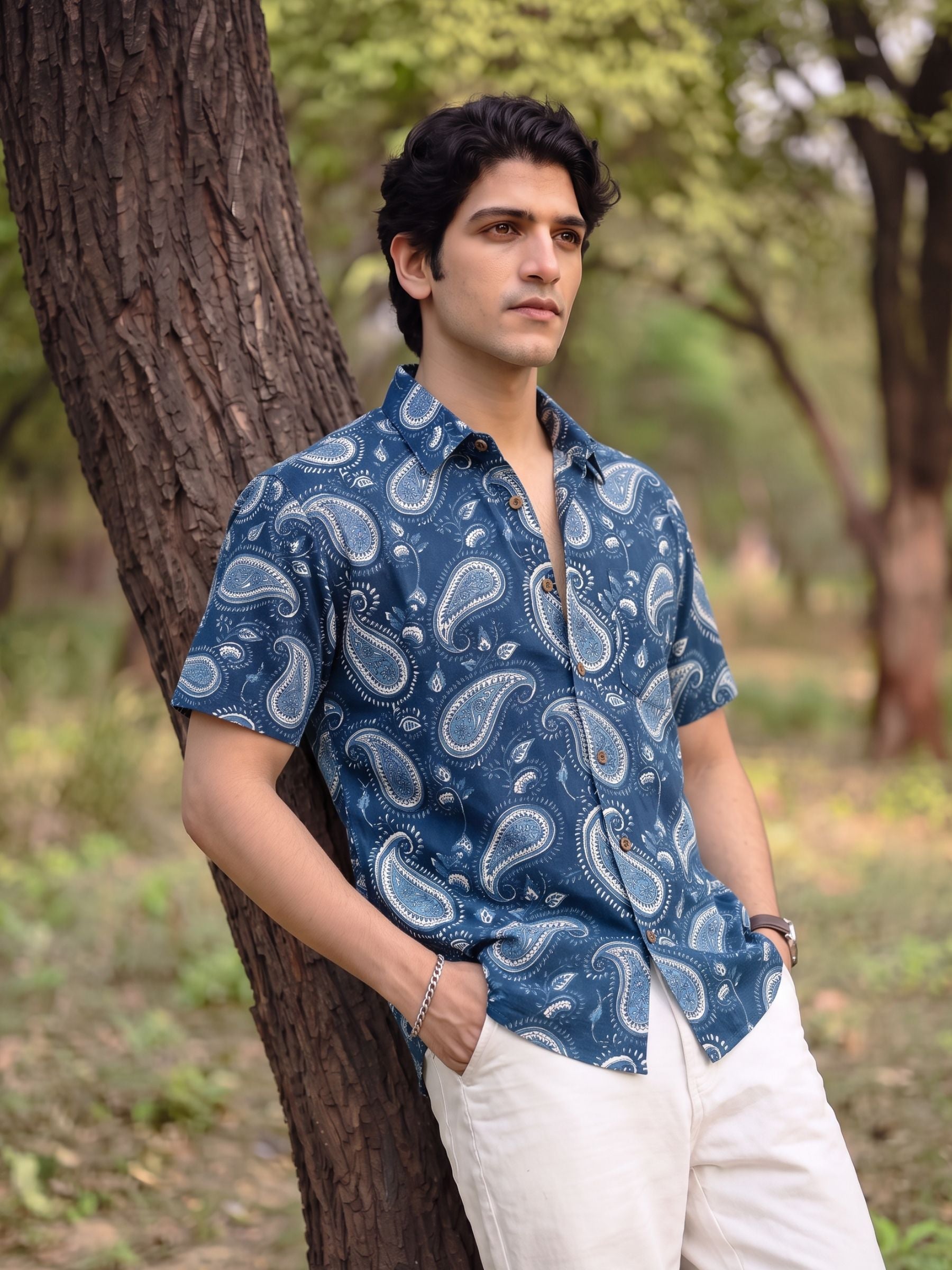 Navy Charm – Printed Cotton Half Sleeve Shirt