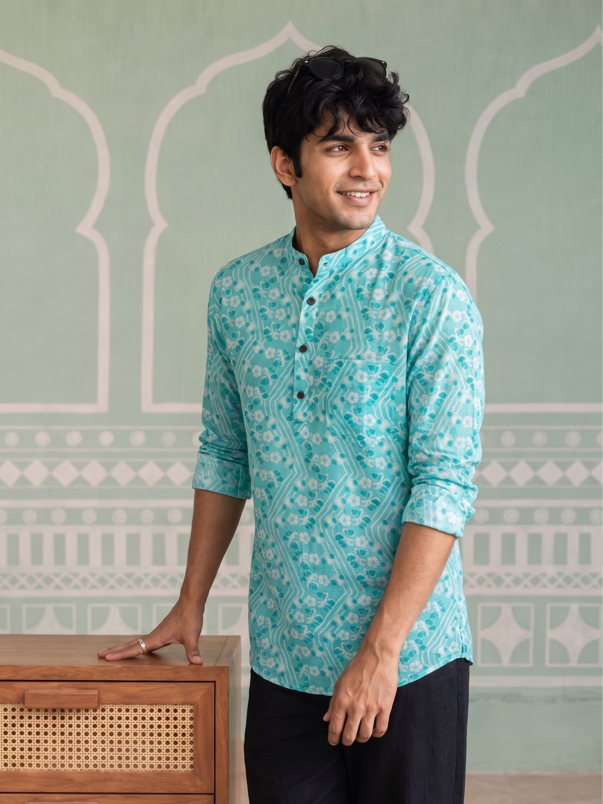 Turquoise Bliss – Printed Cotton Short Kurta