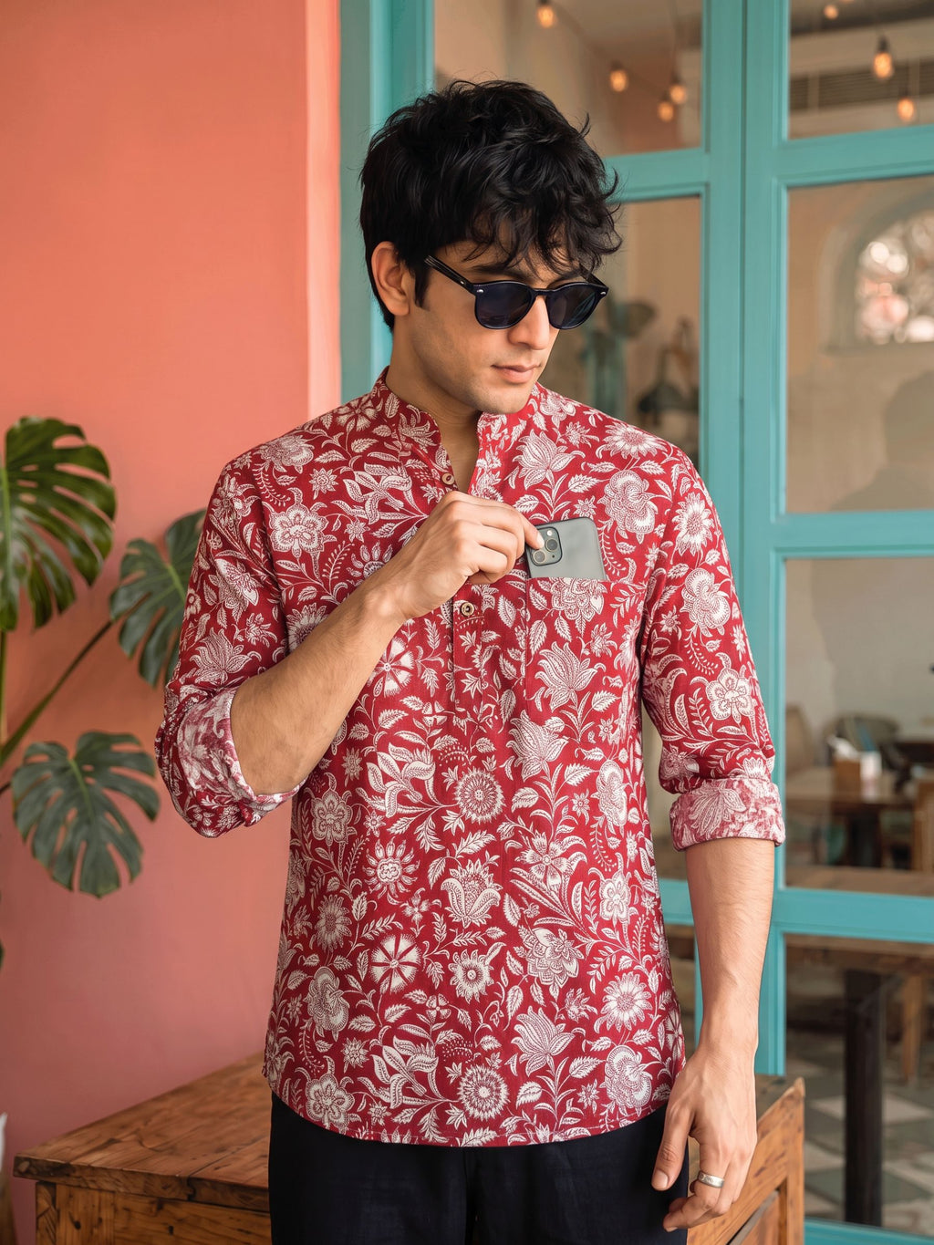 Crimson Blossom – Printed Cotton Short Kurta