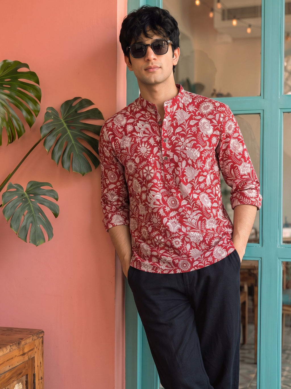 Crimson Blossom – Printed Cotton Short Kurta