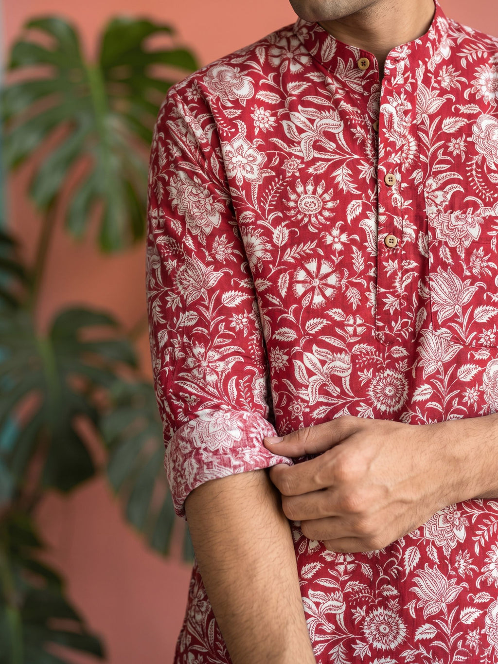 Crimson Blossom – Printed Cotton Short Kurta