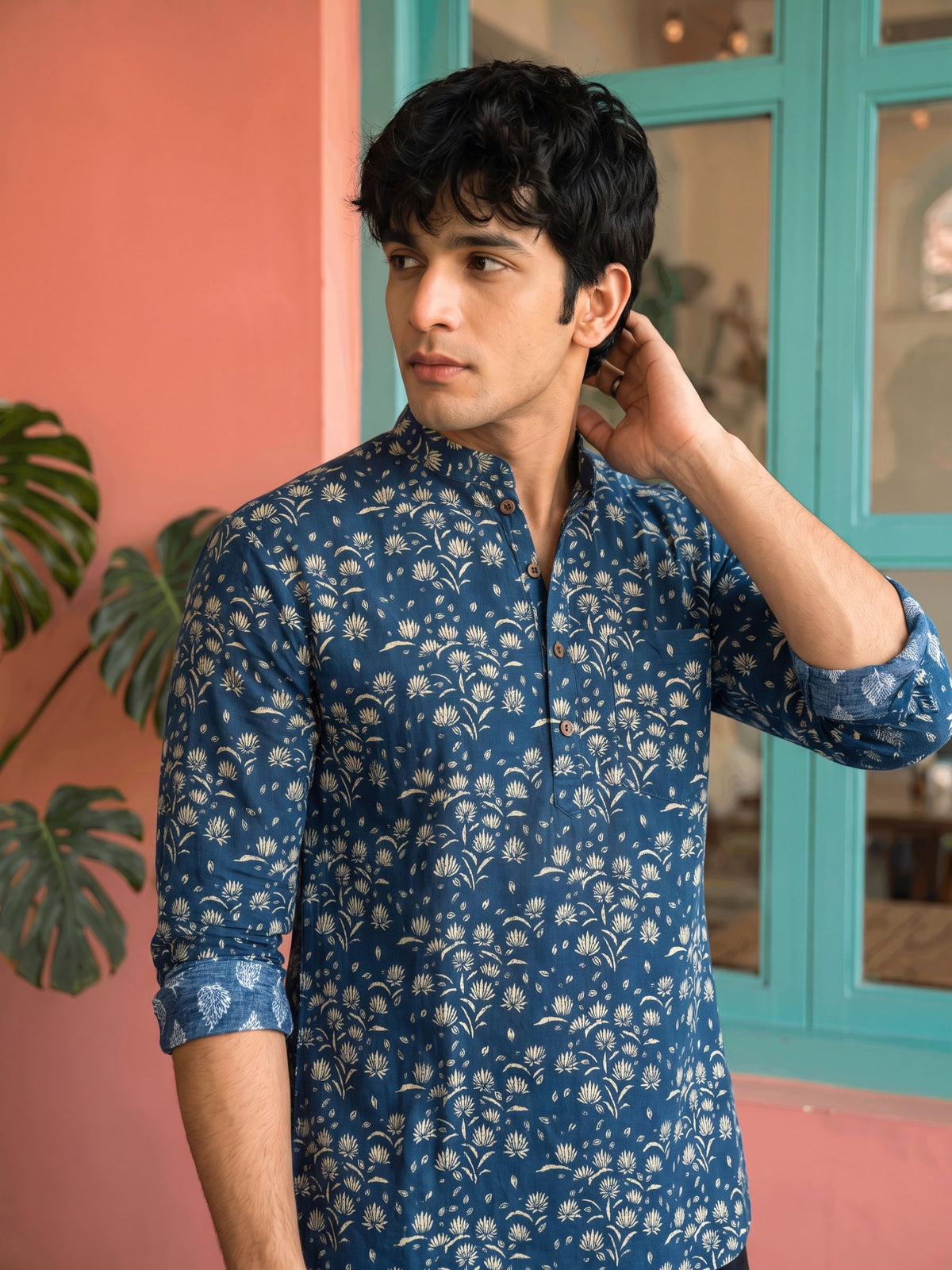 Navy Blossom – Printed Cotton Short Kurta