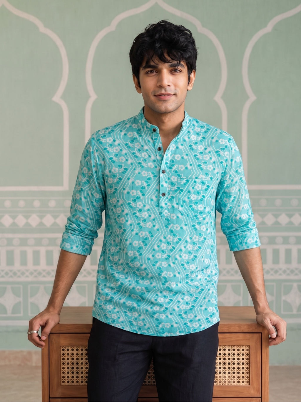Turquoise Bliss – Printed Cotton Short Kurta