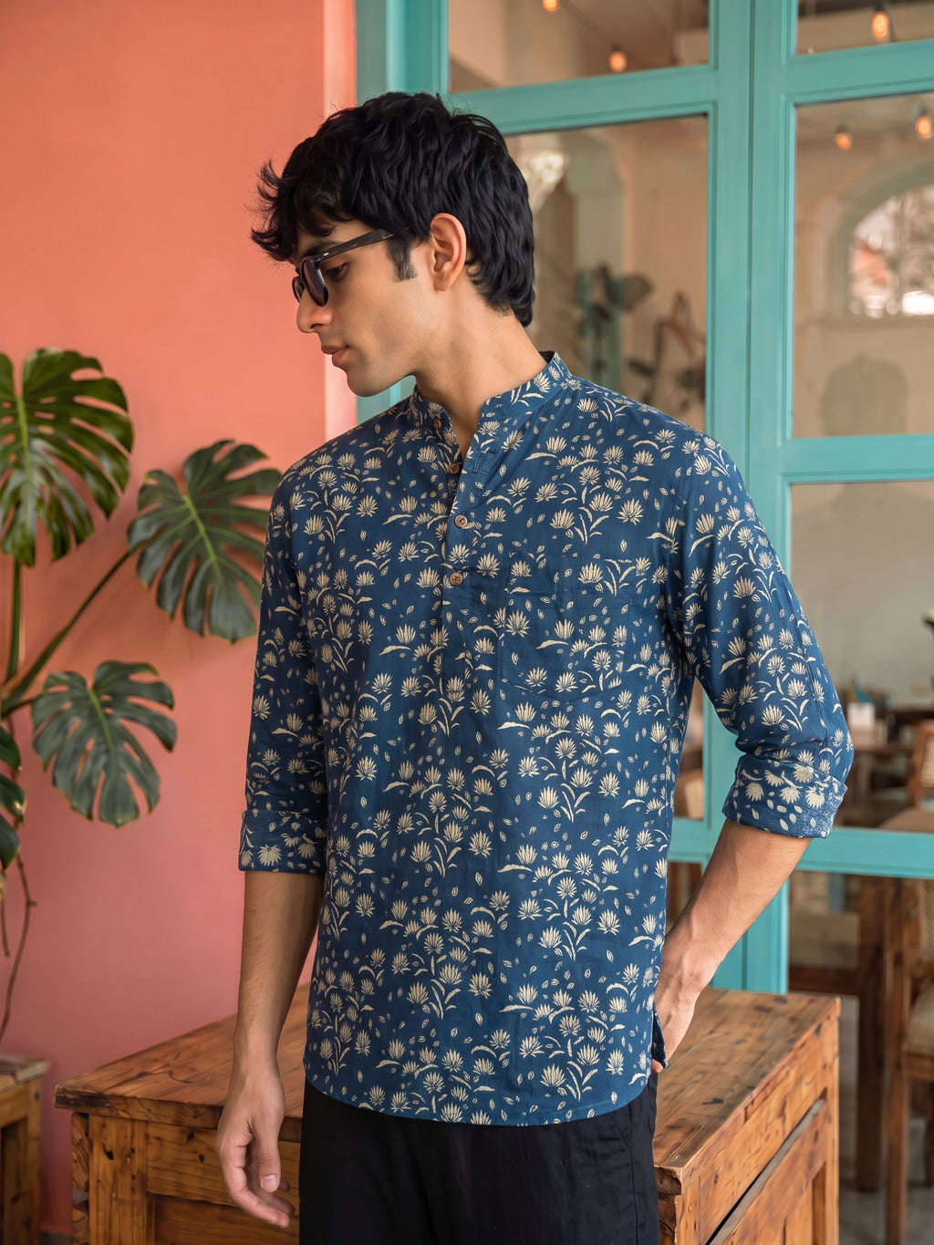 Navy Blossom – Printed Cotton Short Kurta