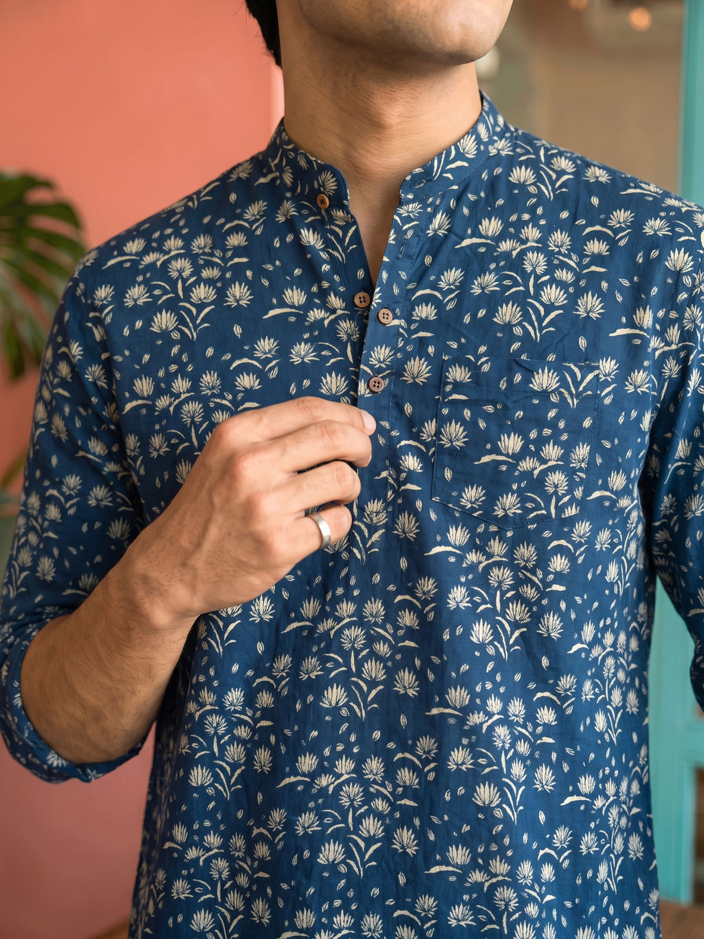 Navy Blossom – Printed Cotton Short Kurta