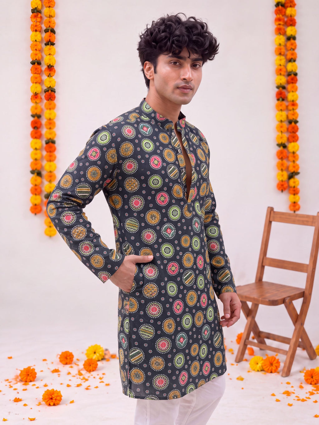 Navy Blue Geometric – Printed Long Kurta