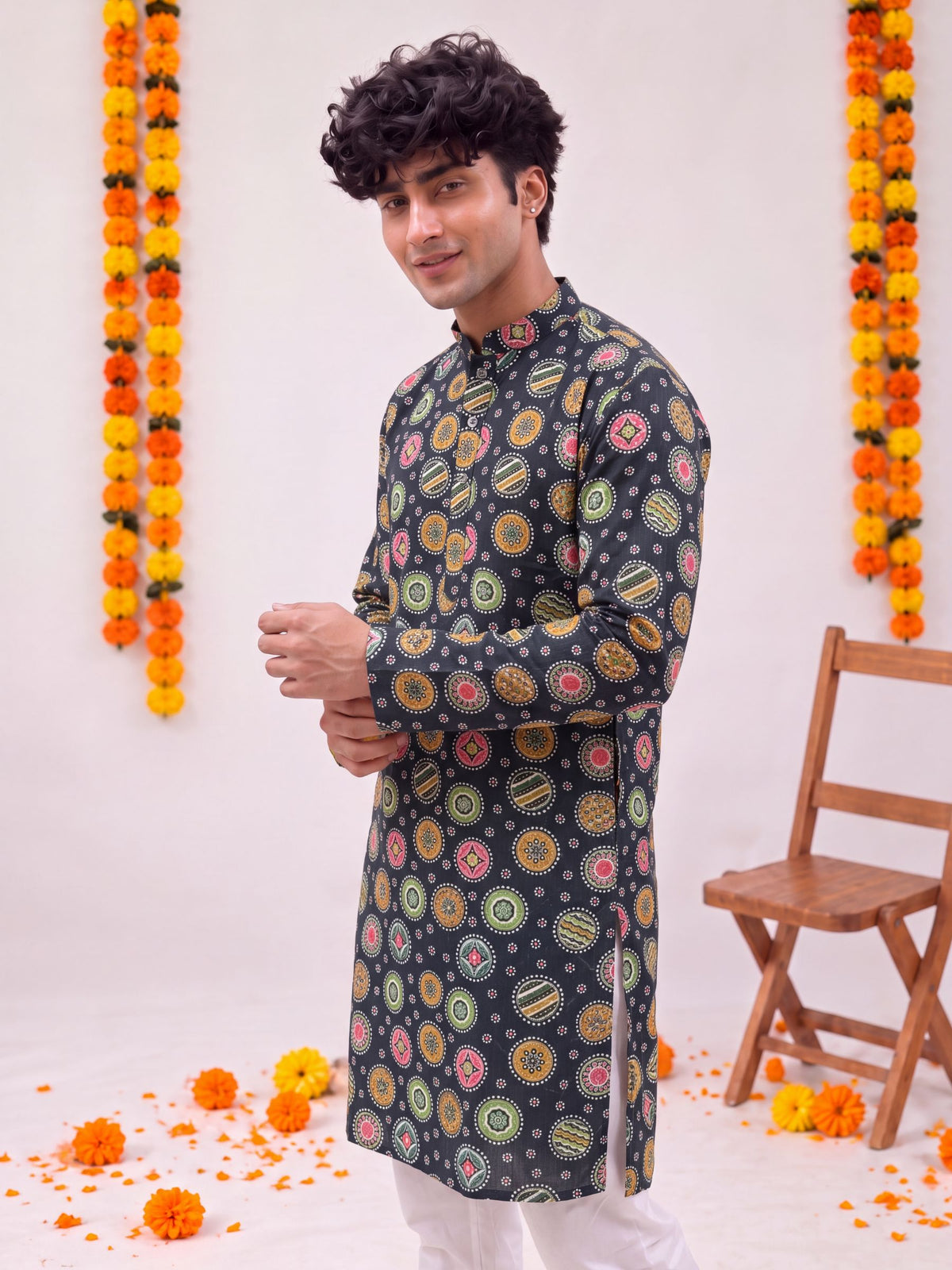 Navy Blue Geometric – Printed Long Kurta