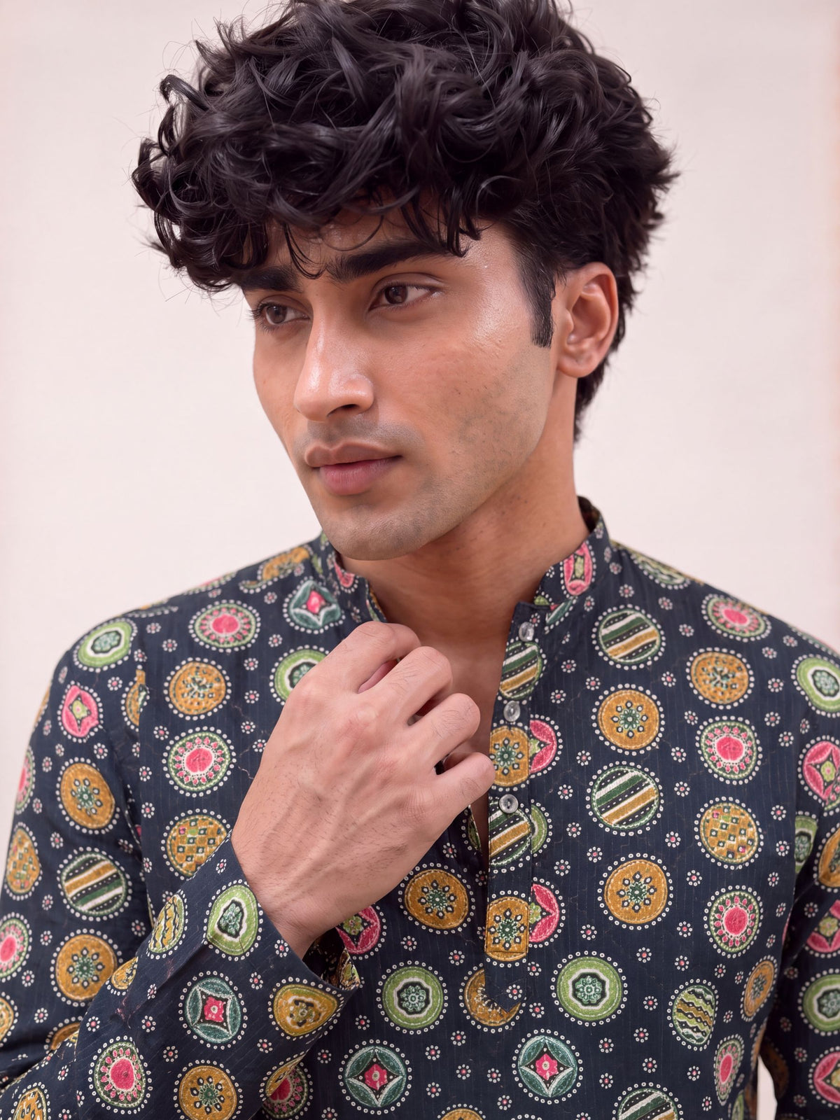 Navy Blue Geometric – Printed Long Kurta