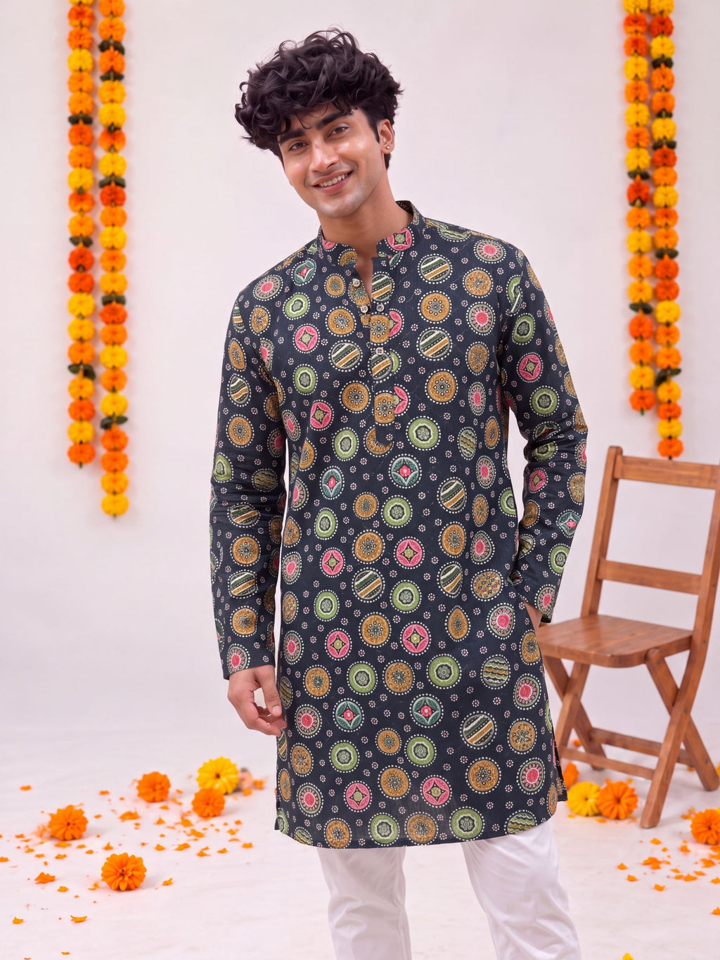Navy Blue Geometric – Printed Long Kurta