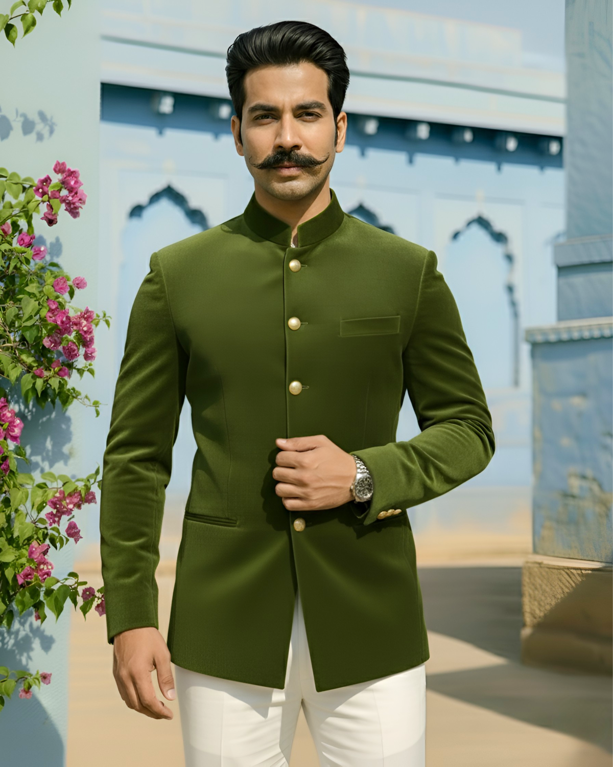 Velvet Jodhpuri Bandhgala- Mehandi Green