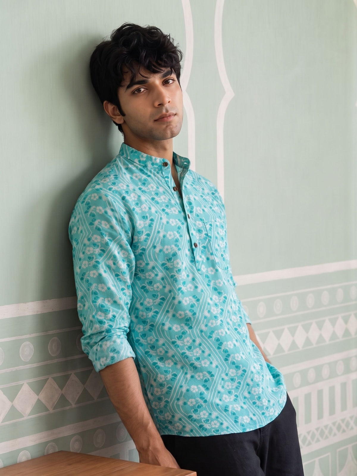 Turquoise Bliss – Printed Cotton Short Kurta