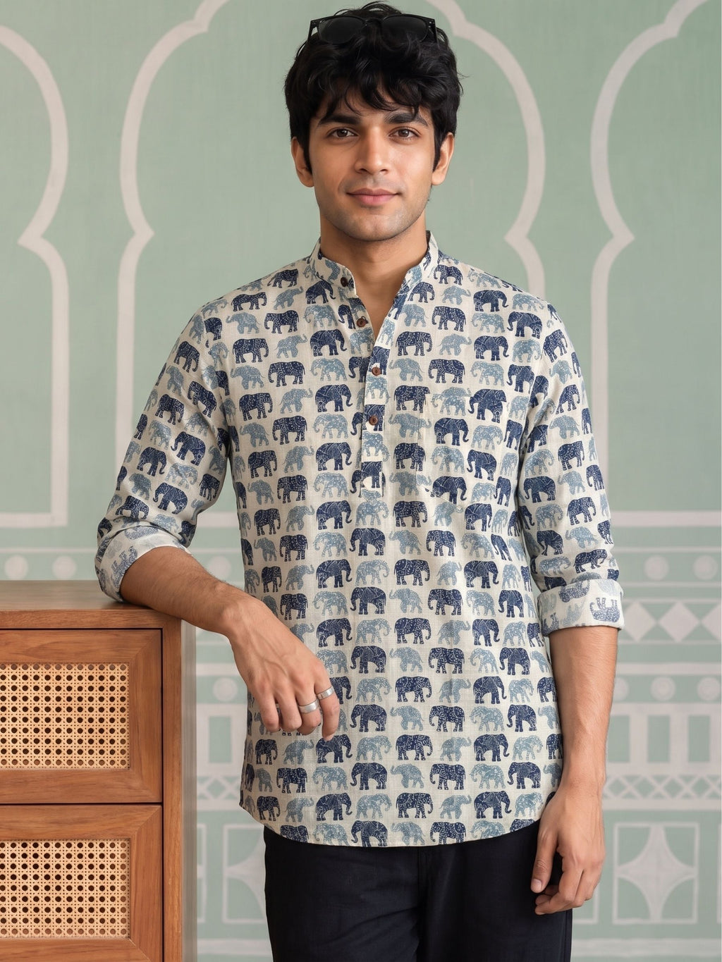 Elephant Elegance – Printed Cotton Short Kurta