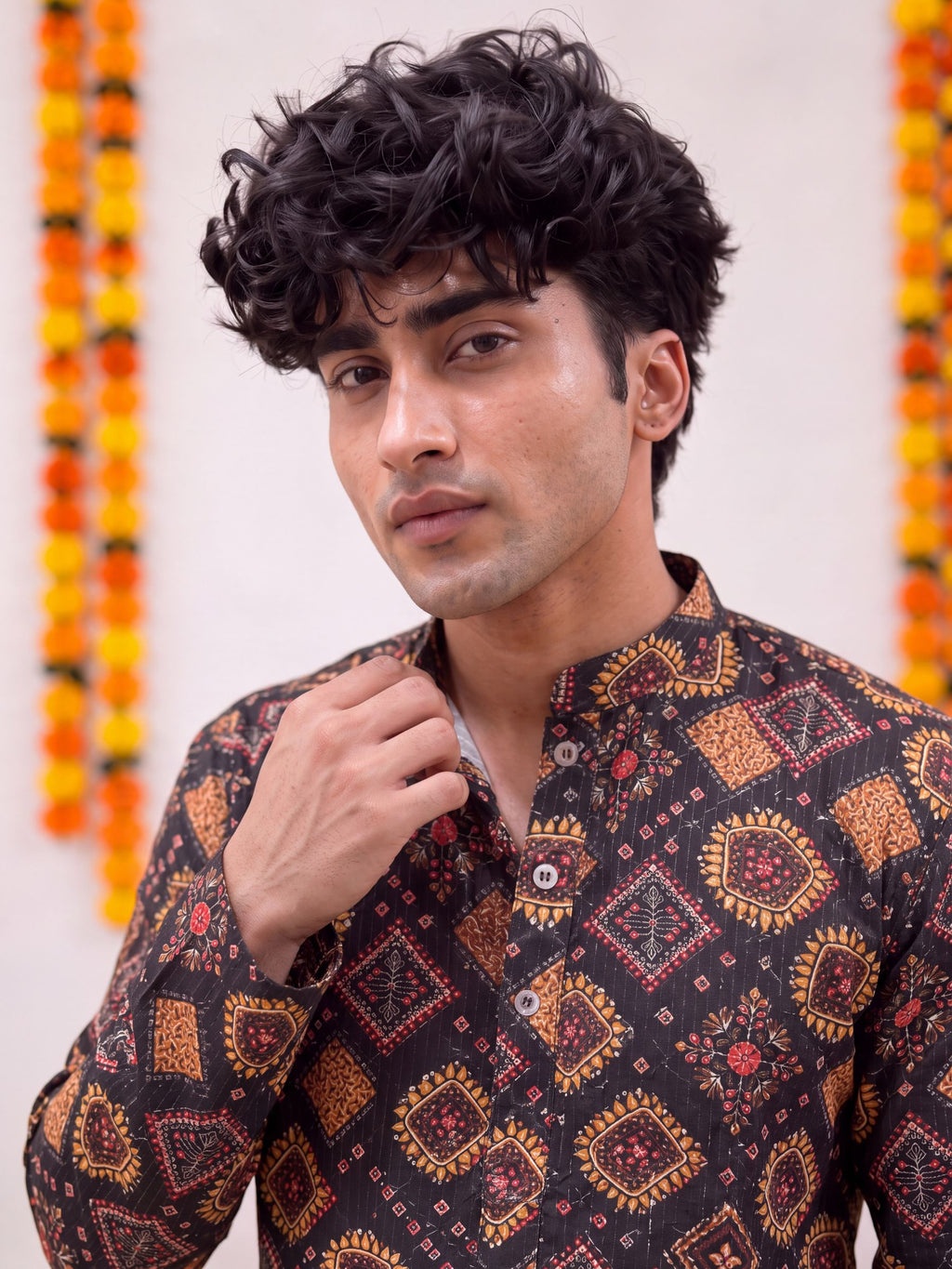 Black Floral Jaal – Textured Printed Long Kurta