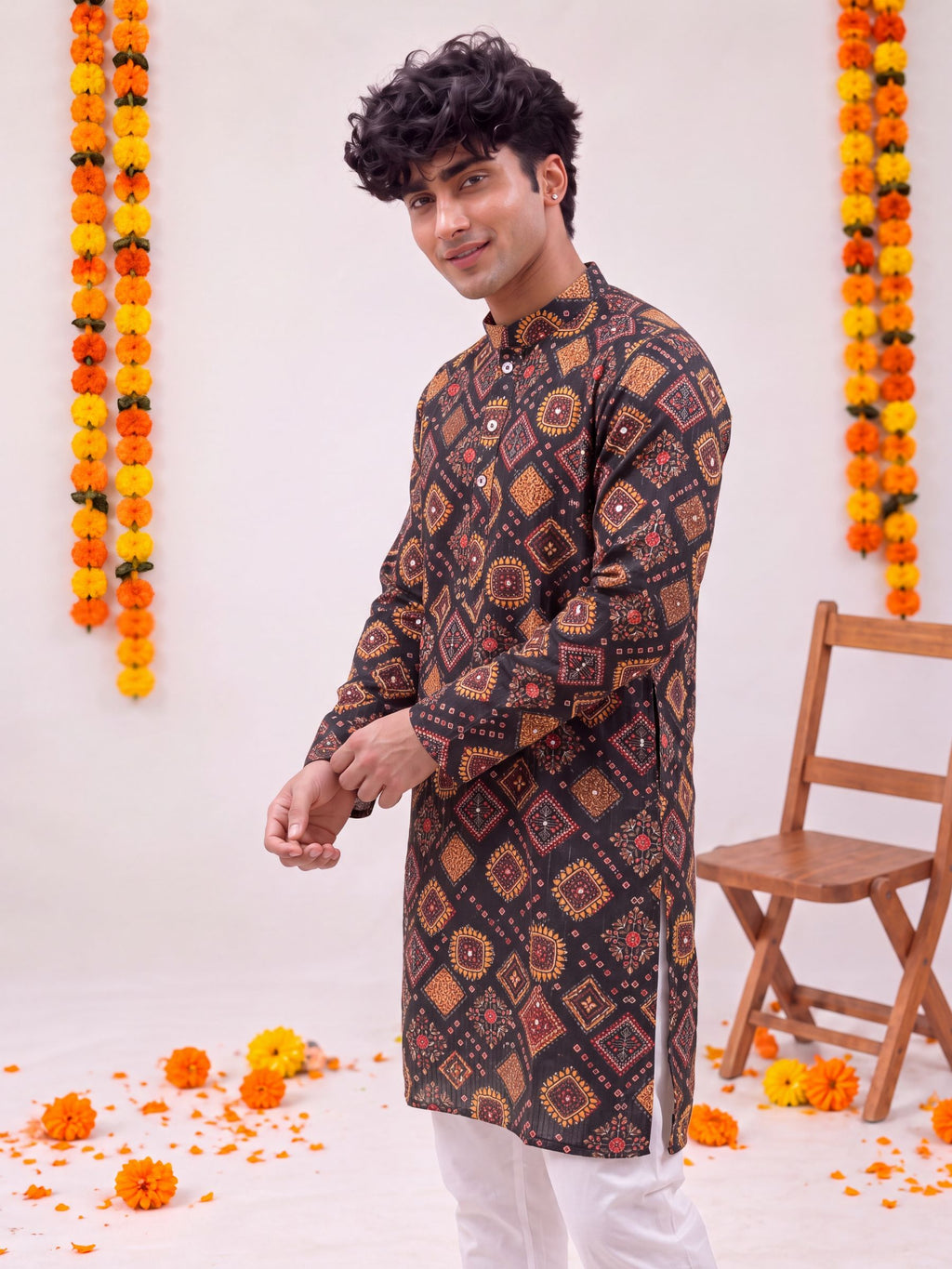 Black Floral Jaal – Textured Printed Long Kurta