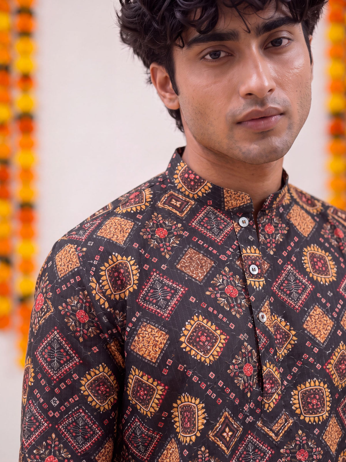 Black Floral Jaal – Textured Printed Long Kurta