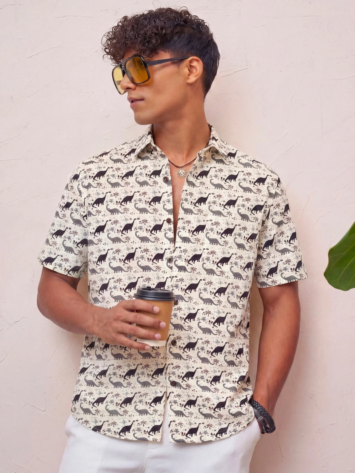 Dino Adventure – Printed Cotton Half Sleeve in Cream & Black