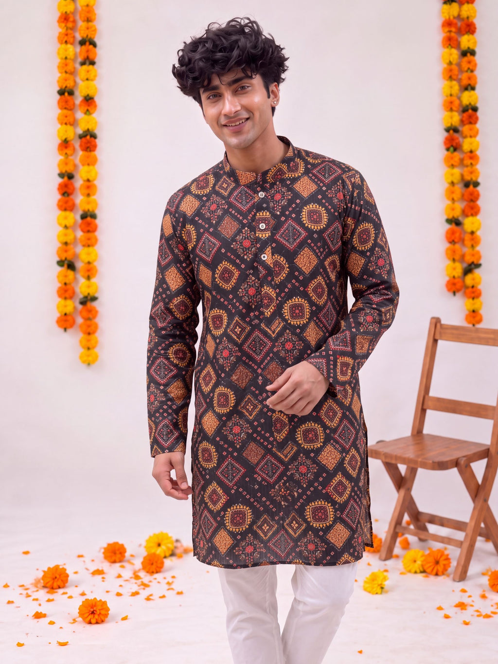 Black Floral Jaal – Textured Printed Long Kurta