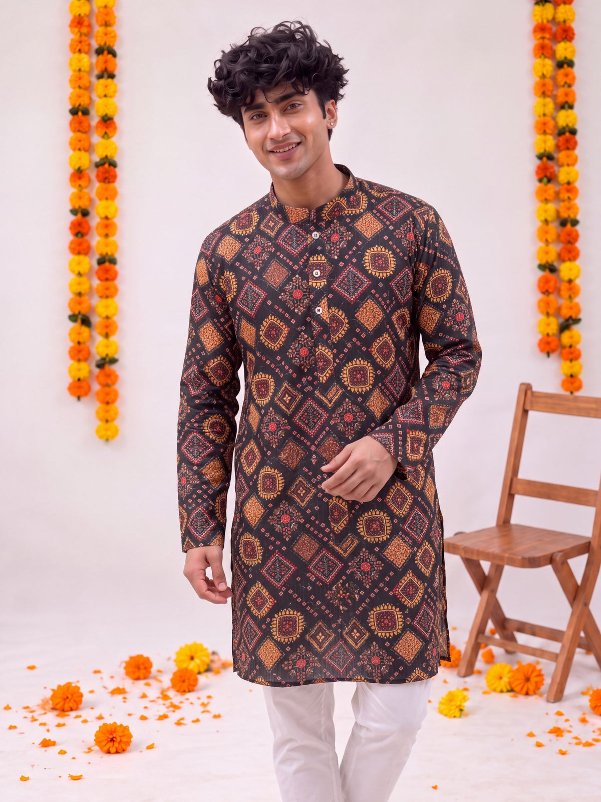 Black Floral Jaal – Textured Printed Long Kurta