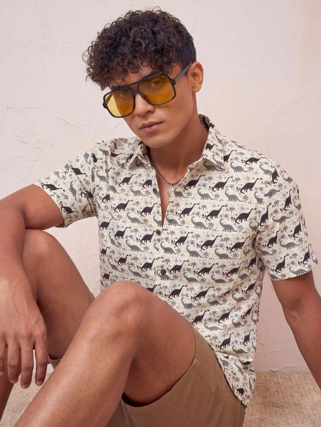 Dino Adventure – Printed Cotton Half Sleeve in Cream & Black