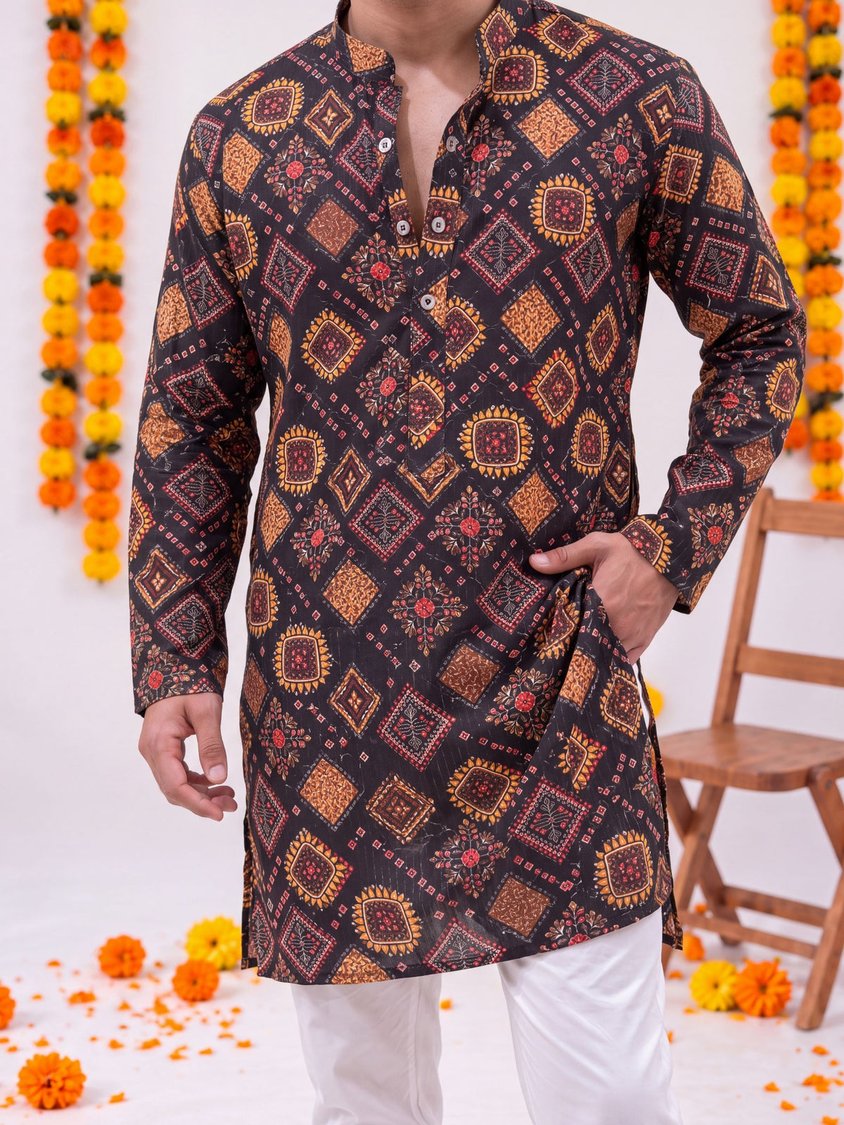 Black Floral Jaal – Textured Printed Long Kurta