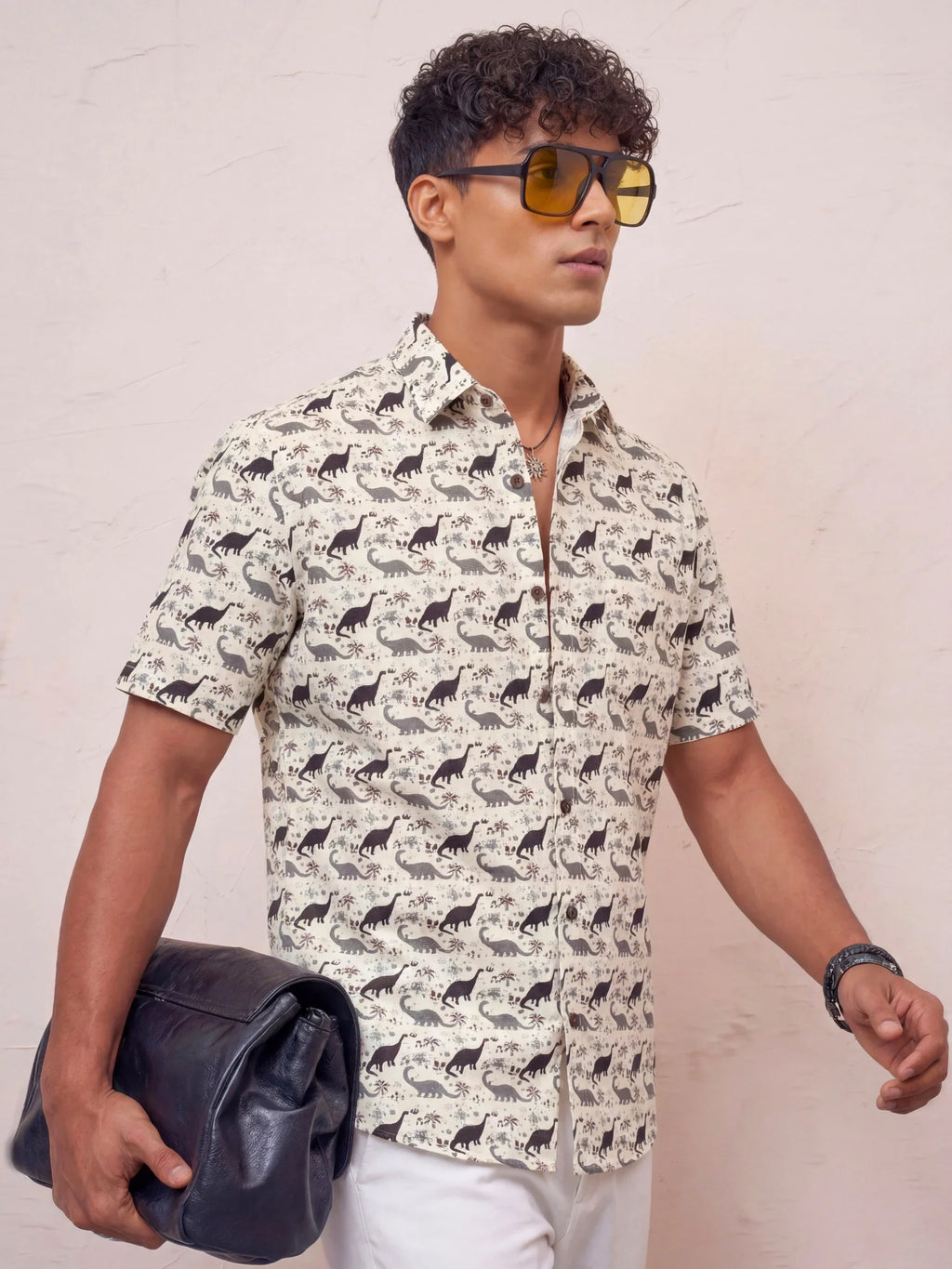 Dino Adventure – Printed Cotton Half Sleeve in Cream & Black
