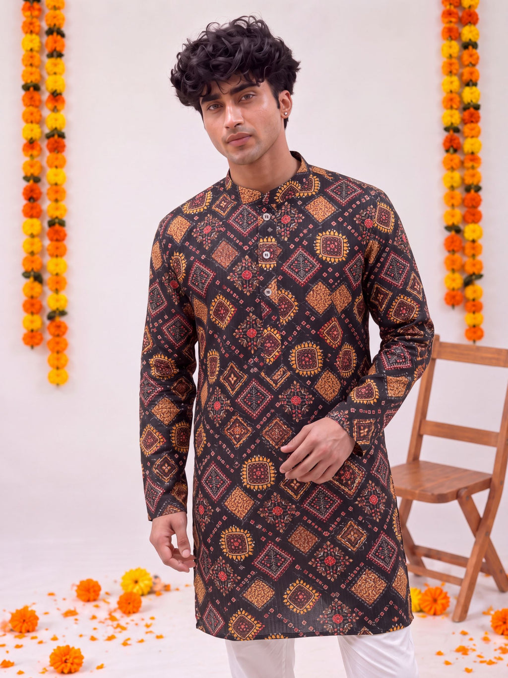 Black Floral Jaal – Textured Printed Long Kurta